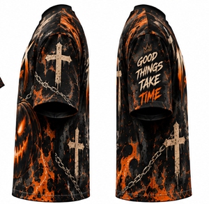 Index Camiseta con estampado de calabaza y murciélago de Halloween para hombre, manga corta, cuello redondo, diseño gótico, corte regular - Product Image 3
