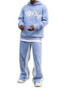 Premium <b>Light</b> Blue Hooded Tracksuit Set With <b>Star</b> Print Loose Fit Streetwear Joggers Full Length Cotton Sweatshirt And Pants - Product Image 3