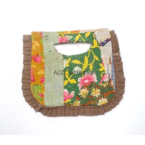 Wholesale Textile Vintage Kantha Clutch <b>Bag</b> With Die Cut Handle Medium Size Floral Pattern Handmade Design - Product Image 1