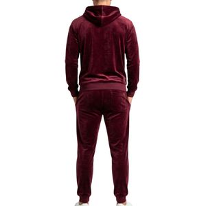 Conjunto de chándal de terciopelo borgoña oscuro para hombre con cremallera completa, chaqueta con capucha y pantalones de chándal ajustados, ropa de descanso y deportiva - Product Image 2