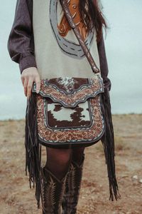 Western Tooled Leather Cowhide Crossbody <b>Bag</b> with Fringe – Vintage <b>Boho</b> Shoulder Messenger <b>Bag</b> for Women - Product Image 2
