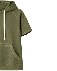 Sweat à capuche vert olive à manches courtes pour homme, pull décontracté, t-shirt à capuche léger, streetwear d'été, mélange de coton, poche kangourou - Product Image 2