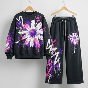 Women's Black Floral Graphic Crewneck Sweatshirt Wide Leg Pants <b>Tracksuit</b> <b>Set</b> Purple <b>Pink</b> Graffiti Streetwear Custom Apparel OEM - Product Image 1