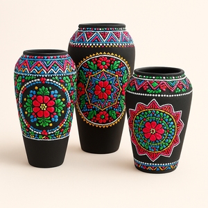 Hand Painted Clay Porcelain Bohemian Embroidered Style Flower Vase Decorative Tabletop Vessel for Home Decor Easter Gift - Product Image 3