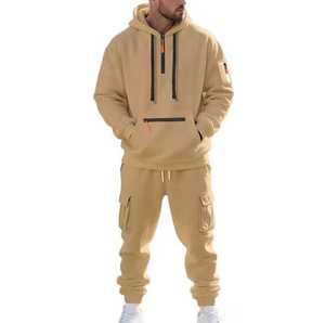 Ensemble de survêtement beige à capuche pour homme, sweat-shirt décontracté à manches longues de couleur unie avec poches latérales, pantalon à taille élastique, vêtements d'automne - Product Image 1