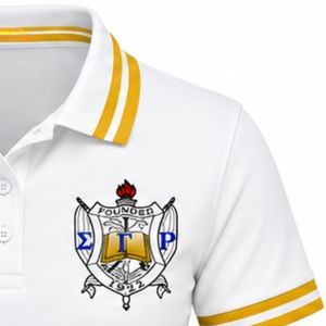 Polo blanc Sigma Gamma Rho pour femme, à manches courtes, col classique, avec lettres grecques brodées, vêtement de sororité, haut décontracté de golf - Product Image 5
