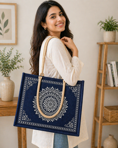 Sac fourre-tout en jute bleu marine imprimé mandala avec poignée en corde, écologique, réutilisable, pour la plage ou le shopping, design ethnique, logo personnalisé - Product Image 3