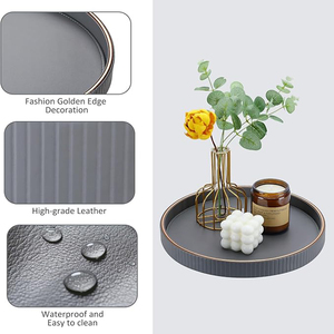 Plateau de service, grand plateau décoratif, plateau décoratif rond en cuir PU pour la cuisine, le salon, plateaux en cuir - Product Image 4