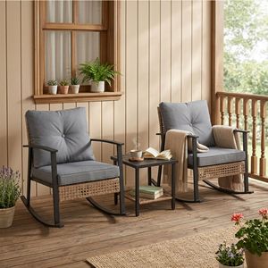 Ensemble de patio en rotin PE 3 pièces avec 2 fauteuils à bascule et table basse, tressé à la main, confortable - Product Image 1