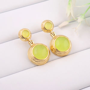 Chunky Double Prehnite Jade Cabochon 6mm/12mm Trendy Women's Party Drop <b>Earrings</b> 18k Gold Plated Solid Brass Push <b>Back</b> Wholesale - Product Image 4