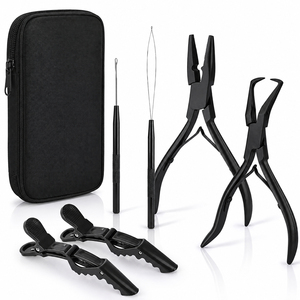 Hair Extension Installation <b>Tool</b> Kit With Storage Pouch Loop Needle, Pulling Hook,Pliers & Sectioning Clips For Professional Use - Product Image 1