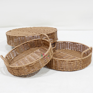 Handmade Rustic Eco Friendly Rattan Wicker Round Serving <b>Basket</b> <b>Tray</b> Set Nesting Handles - Product Image 6