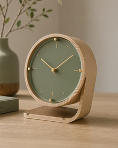 Minimalist Wooden Desk Clock with Green Face and Gold Hands Silent Quartz Movement Circular Design - Product Image 1