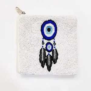 Beaded Green <b>Coin</b> <b>Purse</b> With Bull Embroidery Zipper Closure Bohemian Style Unisex Mini Size - Product Image 2