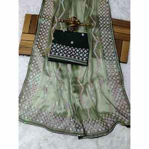 TENDENCIAS SECUENCIA DE HILO BORDADO TRABAJO SAREE CON BLUSA SIN COSTAR PISTA - Product Image 1