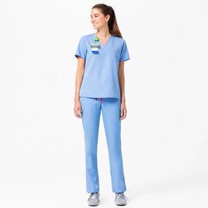 Haut de blouse médicale bleu clair à col en V pour femme avec poche avant, ensemble uniforme d'hôpital - Product Image 2