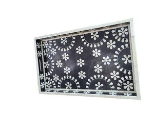 Plateau ottoman décoratif en os incrusté, design floral moderne, pour le petit-déjeuner, le thé, le café et la décoration de salon de luxe - Product Image 1