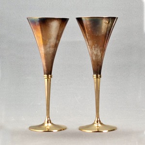 Handmade Gold Rimmed Metal <b>Goblets</b> Set Of 2 Wedding Occasion Vintage Brass Champagne Flutes - Product Image 1