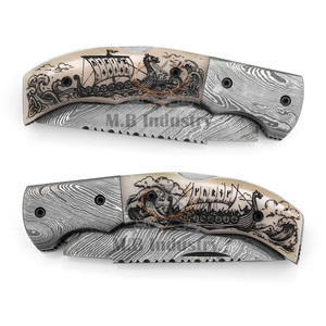 Cuchillo Plegable de Acero de Damasco de Grado Industrial Personalizado - Mango de Hueso de Camello con Grabado Láser - Storm Voyager 19cm de Longitud Total - Product Image 6