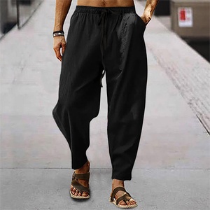 Men's Linen Harem <b>Pants</b> Elastic Waist Drawstring Casual Loose Fit Breathable <b>Summer</b> Trousers With Side Pockets - Product Image 2