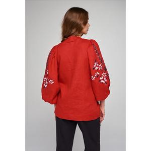 Blusa Étnica Boho de Algodón Rojo Bordado para Mujer con Mangas Abullonadas Completas y Cuello con Borlas - Product Image 4