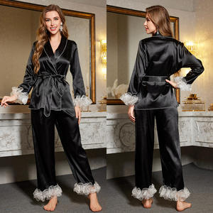 Conjunto de pijama y bata de satén para mujer, tres piezas, ropa de dormir de lujo con ribete de encaje - Product Image 5