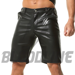 Men's Black PU Coated Bermuda <b>Shorts</b> With Pockets Elastic Waist Casual Style - Product Image 5