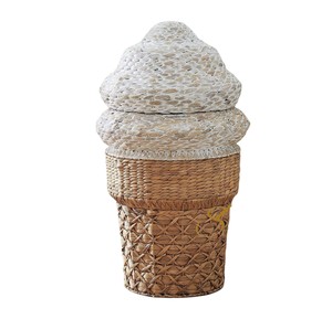 Boho Ice Cream Water Hyacinth Toy <b>Basket</b> Woven Decorative Storage <b>Hamper</b> with Lid Kids Playroom Organizer - Product Image 3