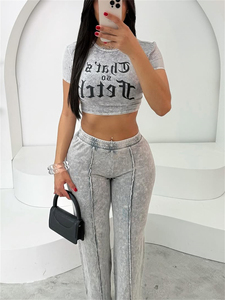 Women Vintage Washed Flare Pants Set Custom Logo Tracksuit Two Piece Outfit Crop Top <b>Bell</b> Bottom Pants Fashion Streetwear Set - Product Image 4
