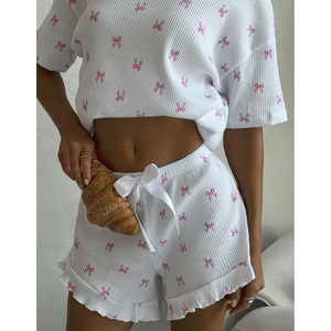 Summer Cute Bow Print Short Sleeve Ruffle Shorts Two Piece <b>Pajama</b> Set Women - Product Image 4