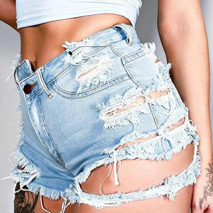 Shorts de mezclilla rasgados de cintura alta para mujer, ajustados, desgastados, azules, de algodón, a la moda de verano, con corte y bordes deshilachados - Product Image 3