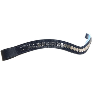 Banda Frontal para Caballo de Cuero Negro Premium con Forma de Ola, Canal Vacío, Incrustaciones de una Sola Hilera de Cristales Negros, Blancos y Transparentes, Cadena de Metal - Product Image 2