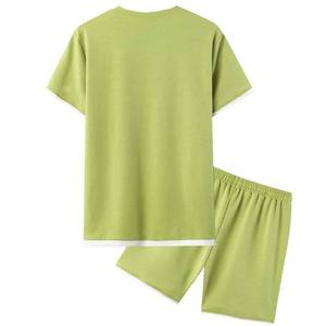 Men's Green Cotton Short Sleeve T-Shirt And Shorts <b>Set</b> Crew Neck Solid Color Casual Summer Wear Breathable <b>Knitted</b> Fabric - Product Image 2