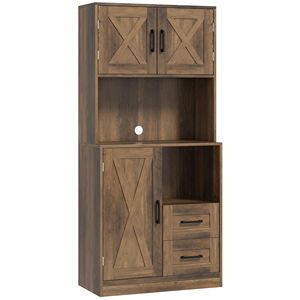 71\" Modern Farmhouse <b>Kitchen</b> <b>Pantry</b> Storage Cabinet with Microwave Oven Countertop Adjustable Brown Wood Shelves - Product Image 1