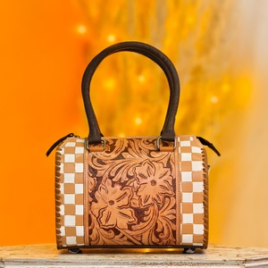 2026 Newly Checkered Diamond Pattern <b>Tooling</b> Florals Carved Genuine <b>Leather</b> Material Double Handle Carry Mini Speedy Duffle Bags - Product Image 1