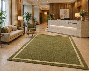 Tapis moderne en laine beige tufté à la main, antidérapant, résistant aux animaux domestiques, avec bordure verte unie, motif géométrique, doux et moelleux pour salon et chambre - Product Image 4