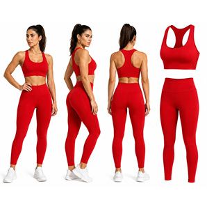 ชุดเซ็ต 2 ชิ้น เสื้อชั้นในกีฬาไร้ตะเข็บแบบ Racerback และกางเกงเลกกิ้งเอวสูงสำหรับผู้หญิง - รองรับระดับปานกลาง แห้งเร็ว ผลิตจากผ้าสแปนเด็กซ์/โพลีเอสเตอร์ ลายเรียบ - Product Image 3