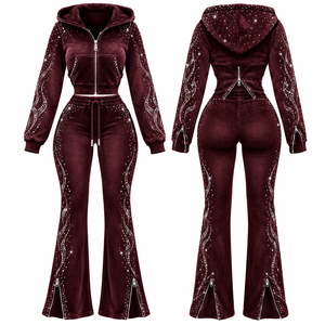 Custom Trendy Vintage Look <b>Velvet</b> <b>Tracksuit</b> Set with Cropped Zip Up Hoodie and Wide Leg Pants For Women Fashion Outfit - Product Image 1