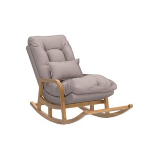 Fauteuil à bascule en teck avec coussin et oreiller |   Fauteuil à accoudoirs en teck massif artisanal |   Tissu rembourré gris - Product Image 3