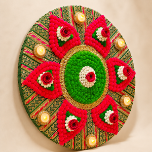 Décoration murale florale artisanale de 24 pouces, Rangoli, pour Diwali, avec pompons, fleurs, mandala et supports de bougies LED pour décorations festives - Product Image 2