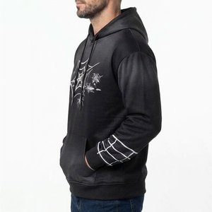 Sweat-shirt à capuche noir pour homme avec logo personnalisé, imprimé toile d'araignée blanche, en coton tricoté, décontracté, pour l'automne, avec poche avant pour logo - Product Image 4
