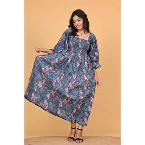 Vestido Maxi Boho de Algodón Indio con Estampado Floral para Mujer, Vestido de Verano de Manga Larga con Volantes, Estilo Hecho a Mano, Vestido para Fiesta - Product Image 1