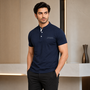 Men's <b>Navy</b> <b>Blue</b> Short Sleeve <b>Polo</b> <b>Shirt</b> With Button Placket And Front Logo Print Smart Casual Style 100% Cotton Knitted Fabric - Product Image 2