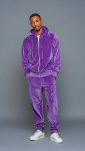 Conjunto Deportivo para Hombre, Color Morado, Terciopelo, 100% Algodón, Sudadera con Capucha y Cordón Ajustable, Pantalones Deportivos de Manga Larga, Color Sólido, Casual, Corte Regular - Product Image 4