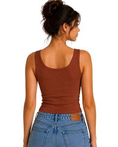 เสื้อกล้ามครอปท็อปผ้าคอตตอนริบบ์สีน้ำตาลสำหรับผู้หญิง ติดกระดุมด้านหน้า ทรงเข้ารูป สวมใส่สบาย เหมาะสำหรับฤดูร้อน เนื้อผ้านุ่ม ยืดหยุ่น แฟชั่น เสื้อพื้นฐาน - Product Image 2
