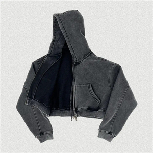 Haut court à capuche personnalisé pour femme, 100 % coton, décontracté, oversize, écologique, respirant, avec fermeture éclair, couleur unie, manches longues - Product Image 2
