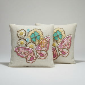 Handcrafted Butterfly Beaded Cushion Cover <b>Cream</b> Cotton Embroidery Zari Work Decorative Throw Pillow Cover - Product Image 1