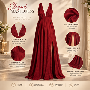 Burgundy Deep V Neck Maxi <b>Dress</b> for Women with Side Slit | Flowy Sleeveless Long Gown for Wedding Party Evening Occasion Wear - Product Image 5