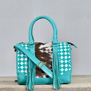 Bolso Speedy de Cuero con Diseño de Tablero de Ajedrez Turquesa, Panel de Piel de Vaca y Detalle de Borla, Estilo Casual, Cierre de Cremallera - Product Image 1