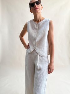 Conjunto de 2 Piezas para Mujer, Top Corto sin Mangas Estilo Vintage Lavado, Pantalones Anchos de Pierna Ancha, 100% Lino Plisado, Ecológico - Product Image 6
